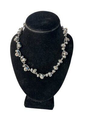 Faceted Bead Necklace Silver Tone Adjustable Gunmetal Dainty Sparkly Elegant